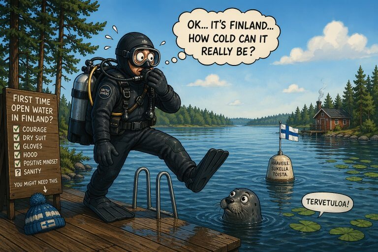 Ensimmäinen sukellus Suomessa, sukeltaja epäröi ennen kylmään veteen menoa