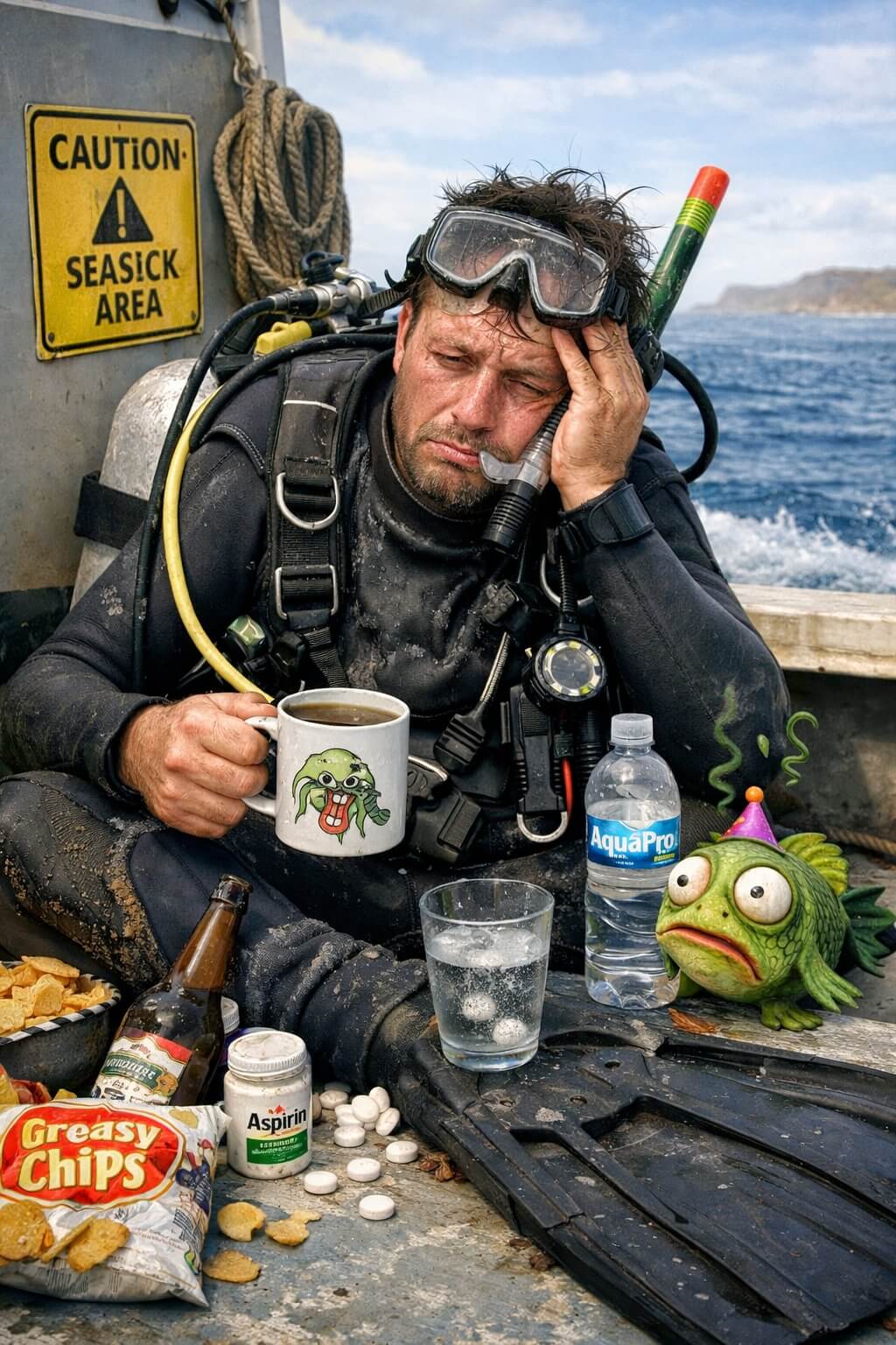 Krapulainen sukeltaja veneessä