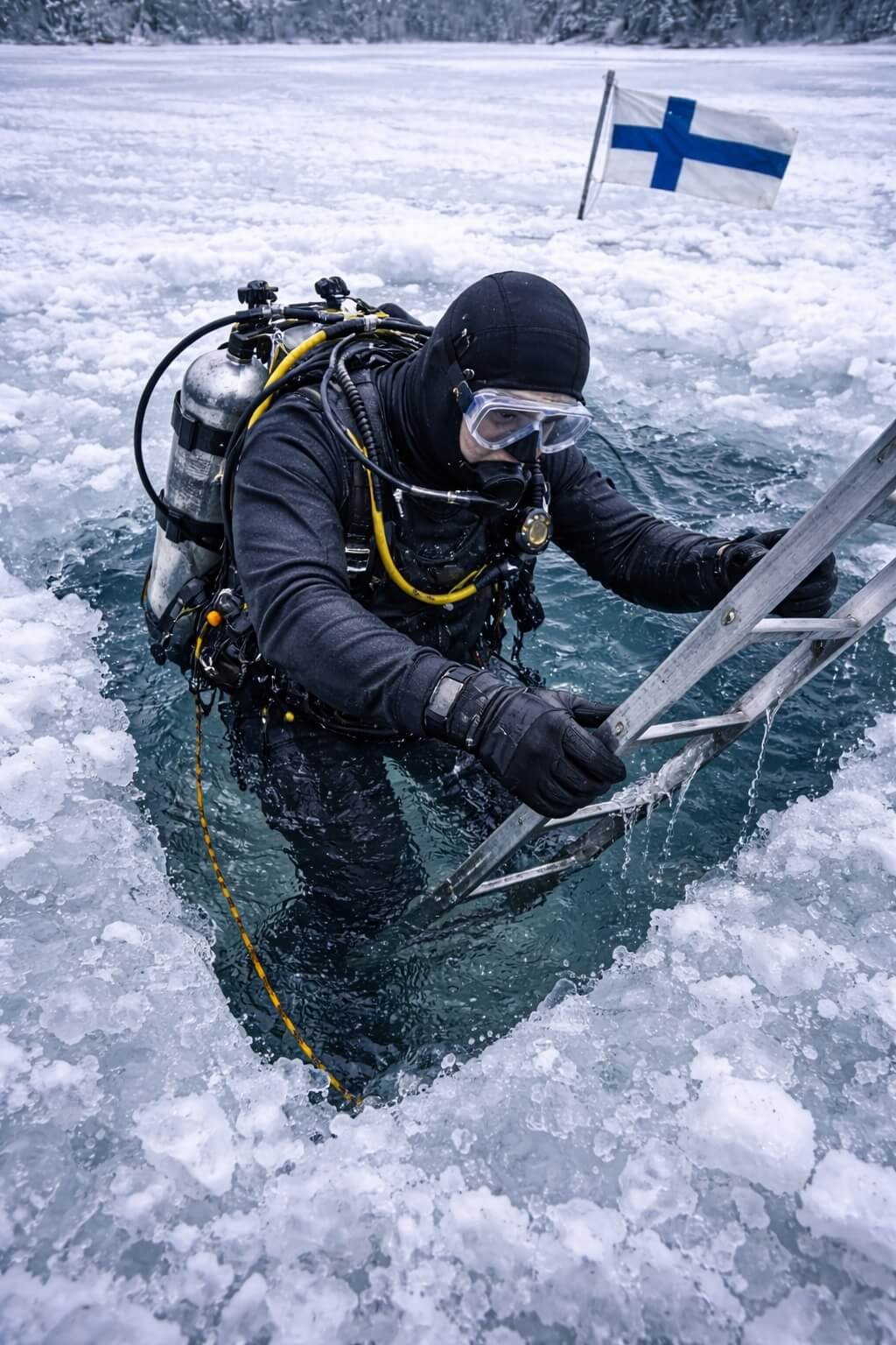 Sukeltaja Suomen vesissä Suomen lipun kanssa