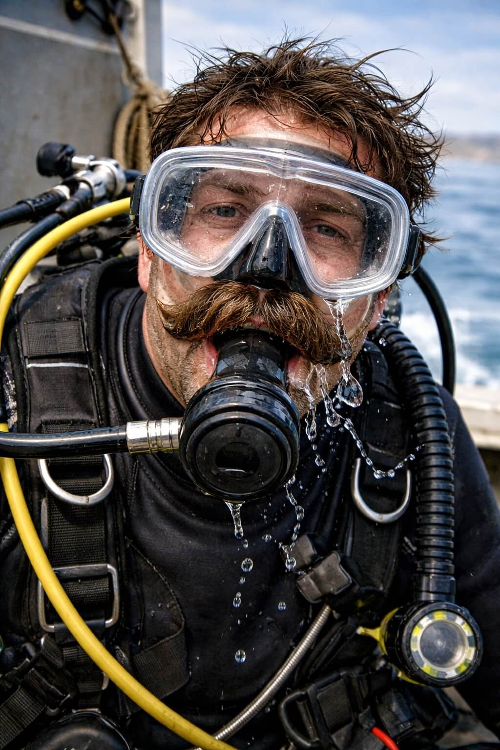 Sukeltaja jolla on viikset ja vuotava maski